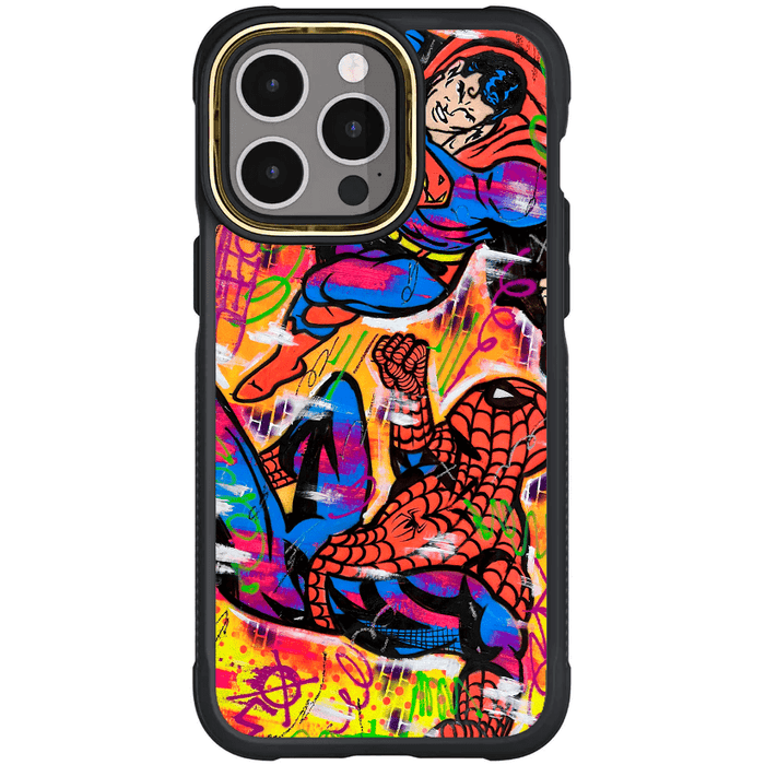 iPhone 15 Pro Spiderman vs Superman Spraypaint Artist Artwork Protective Phone Case