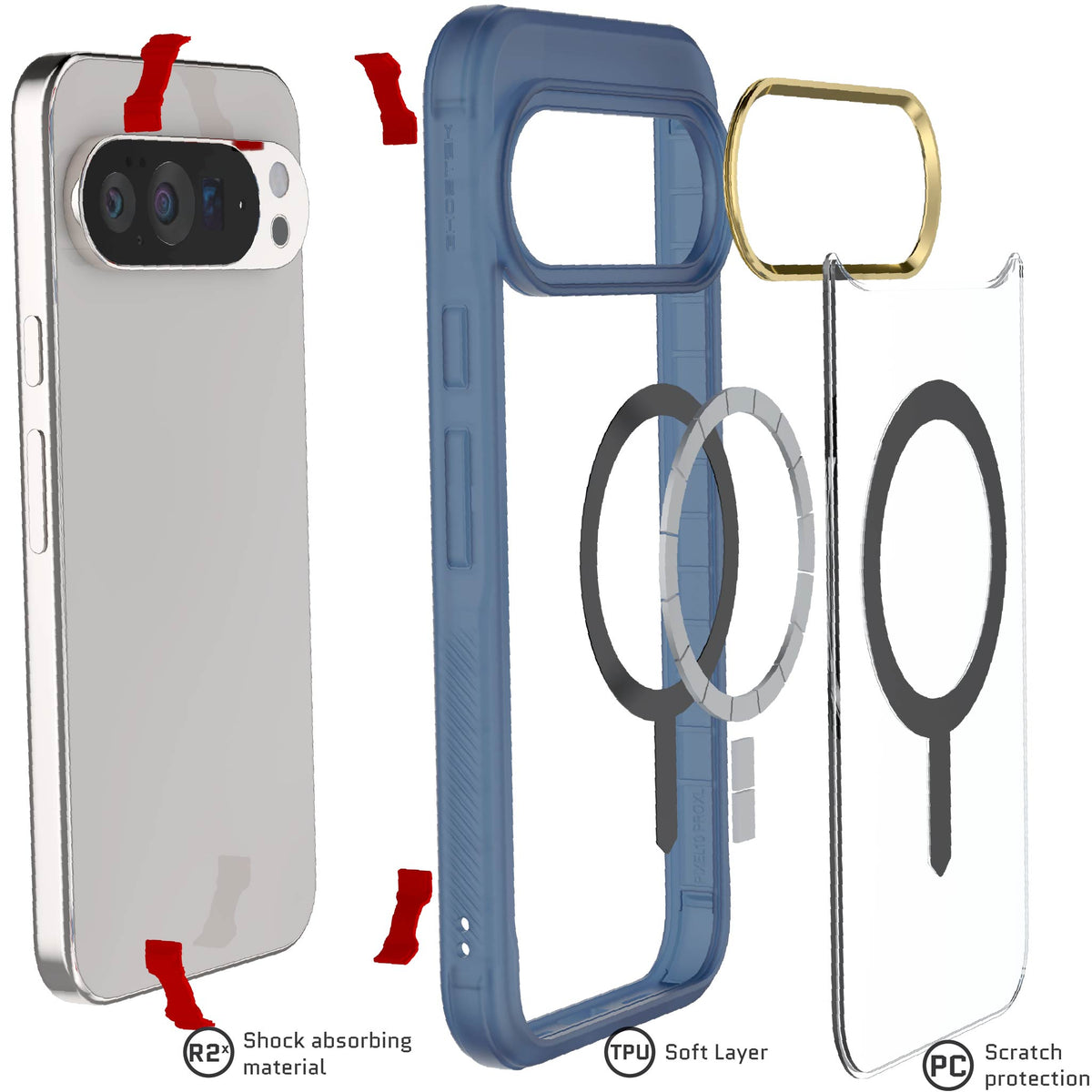 Google Pixel 10 Pro XL Case Blue MagSafe Clear Magnetic Protective Phone Cover